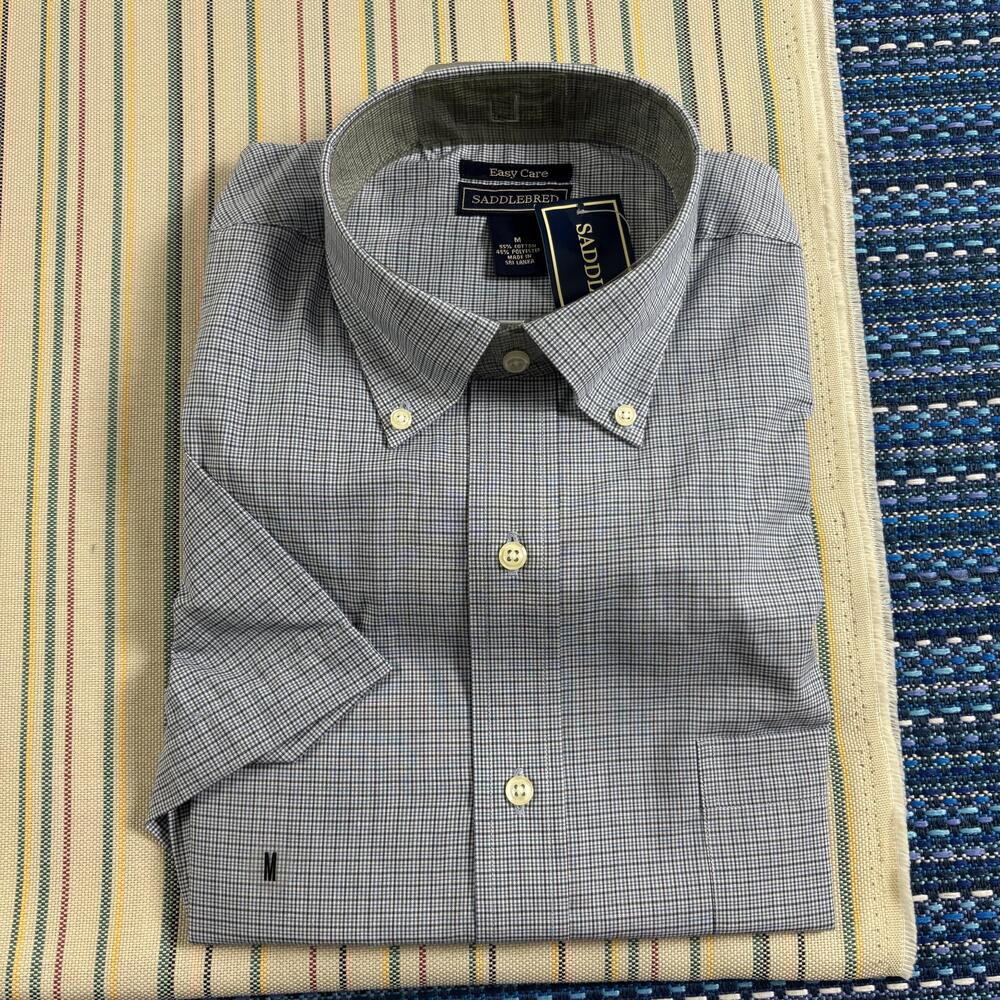 NEW Saddlebred Shirt Mens Medium Blue Gingham Easy Care Short Sleeve Dress